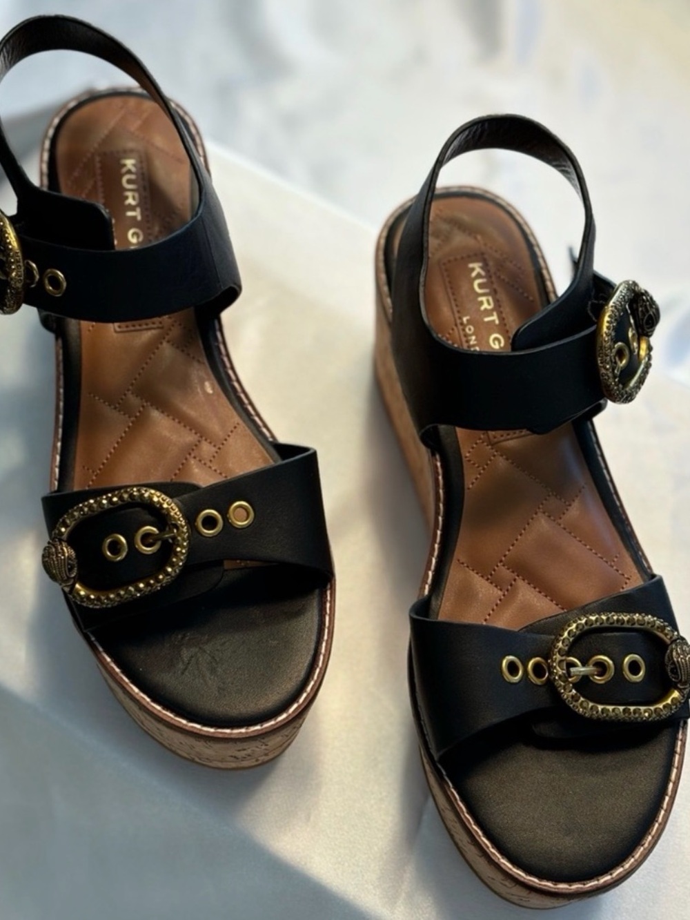 Kurt Geiger Black Leather Cork Platform Sandals with Gold Buckles - Picture 3 of 5